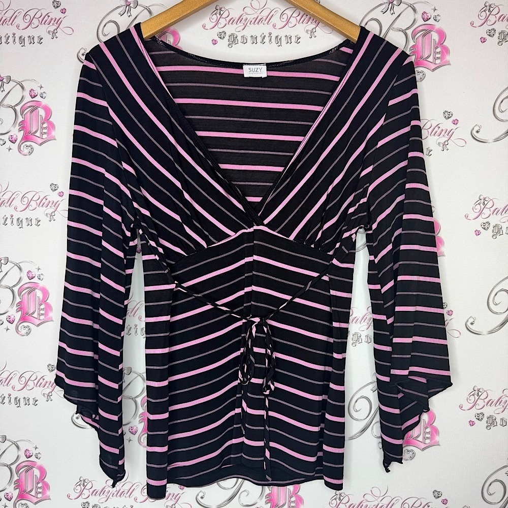 Suzy Shier fairy hem belted flowy Black Pink Striped bell bottom Top